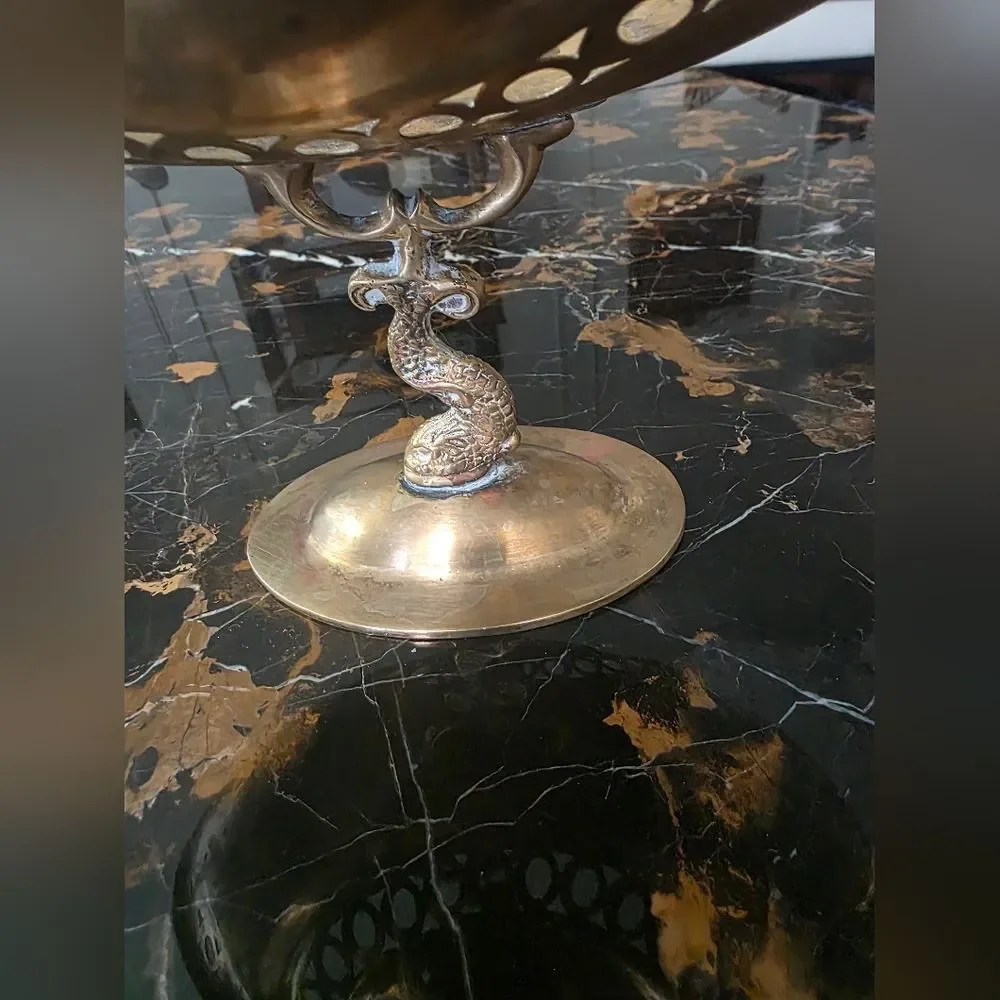 Vintage Brass Fish Pedestal Bowl 7x11.5 Koi